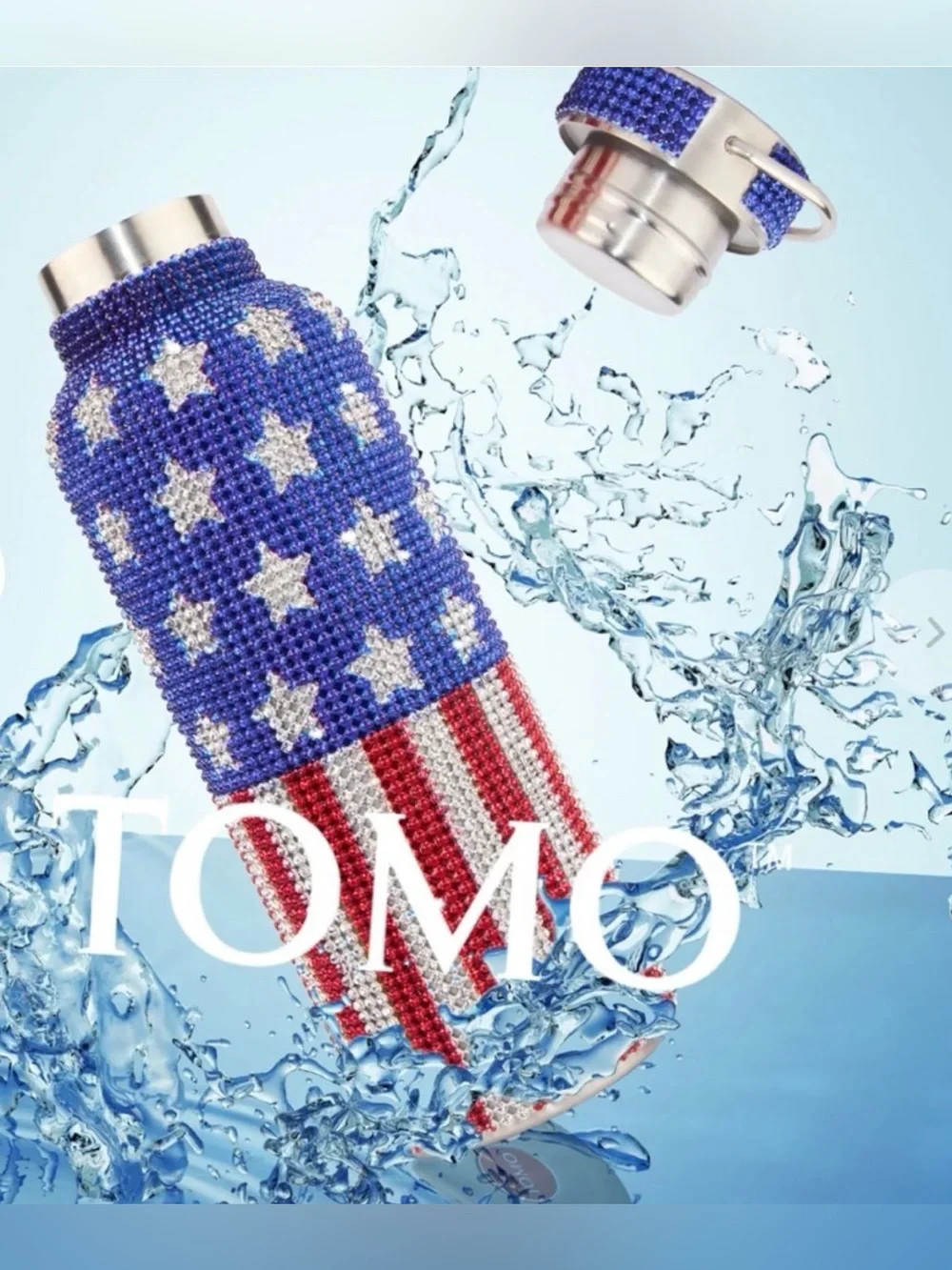 American Flag Rhinestone Water Bottle - Blue/Red/Silver
